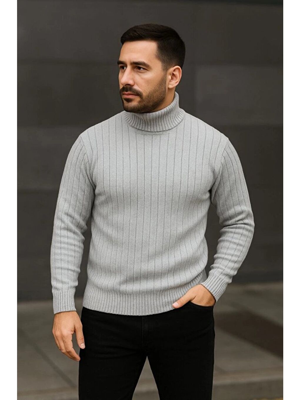 Gri Erkek Balıkcı Yaka Bağazlı Triko Kazak-3