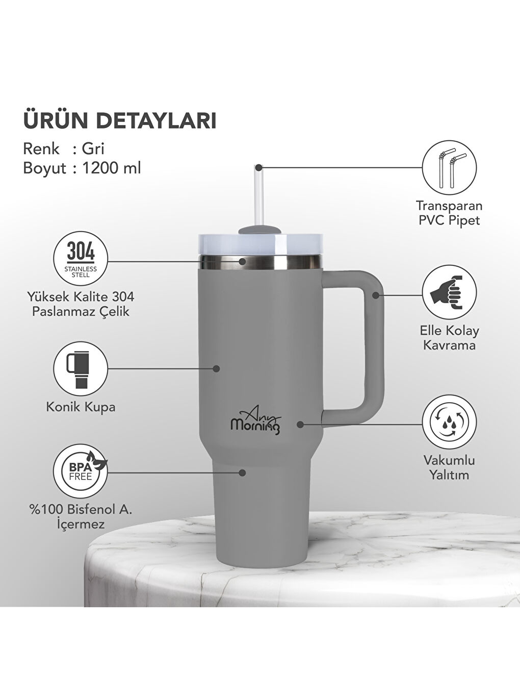Vaha 1200 ml Termos Mug, 3 Kademeli Çevirmeli Kapak, Gri SI2440217-1