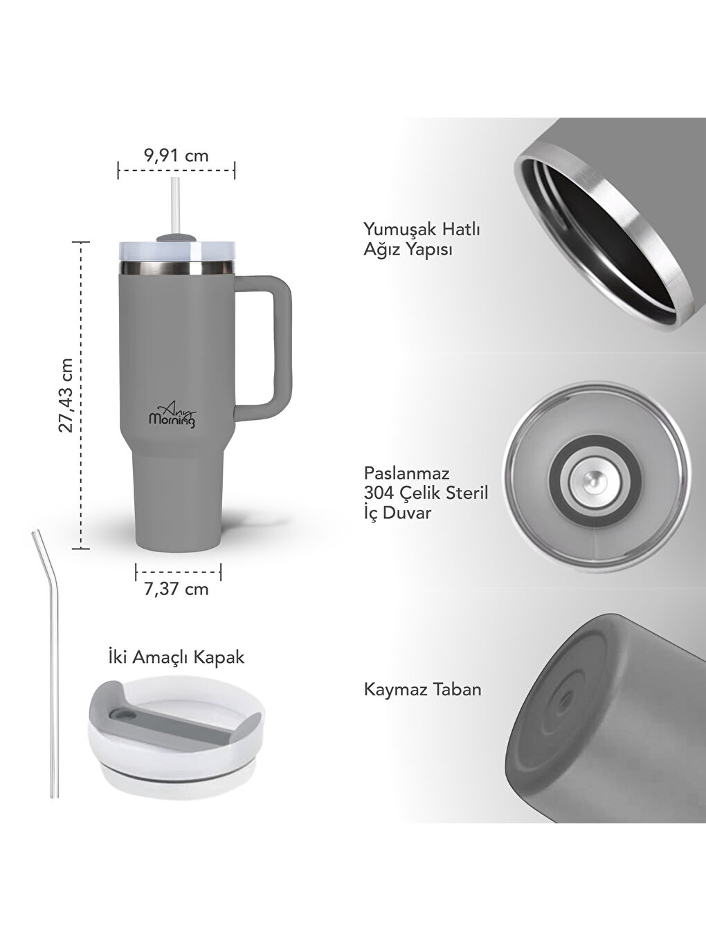 Vaha 1200 ml Termos Mug, 3 Kademeli Çevirmeli Kapak, Gri SI2440217-2