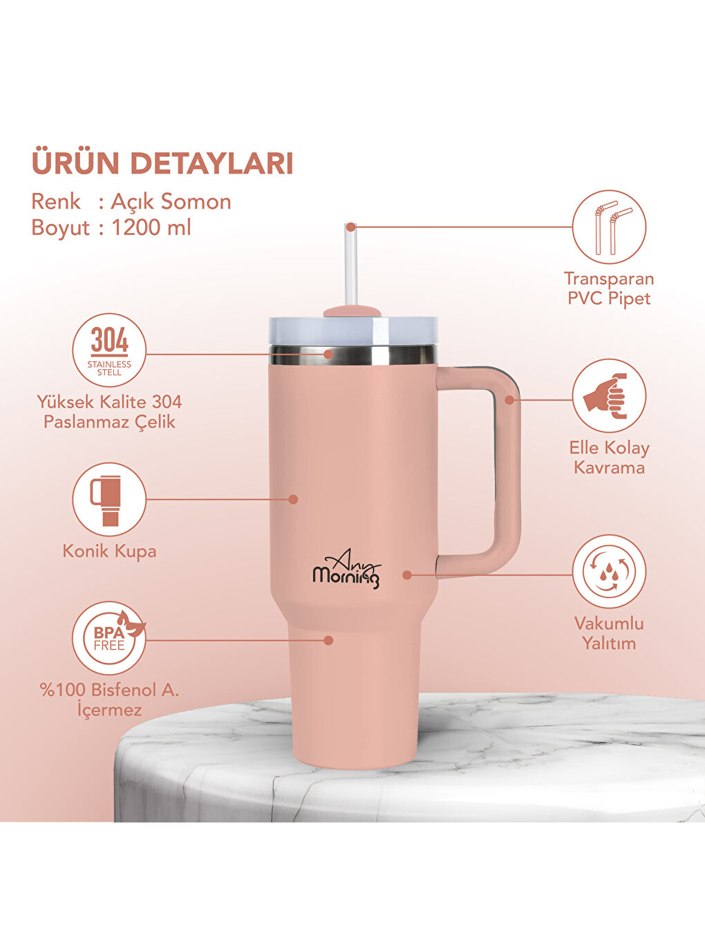 Pembe Vaha 1200 ml Termos Mug, 3 Kademeli Çevirmeli Kapak, Açık Somon SI2440217-1