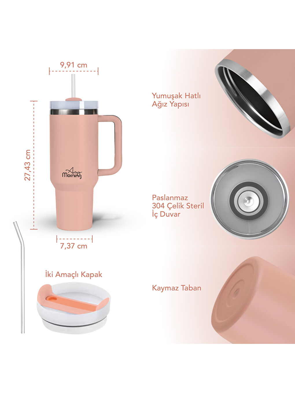 Pembe Vaha 1200 ml Termos Mug, 3 Kademeli Çevirmeli Kapak, Açık Somon SI2440217-2