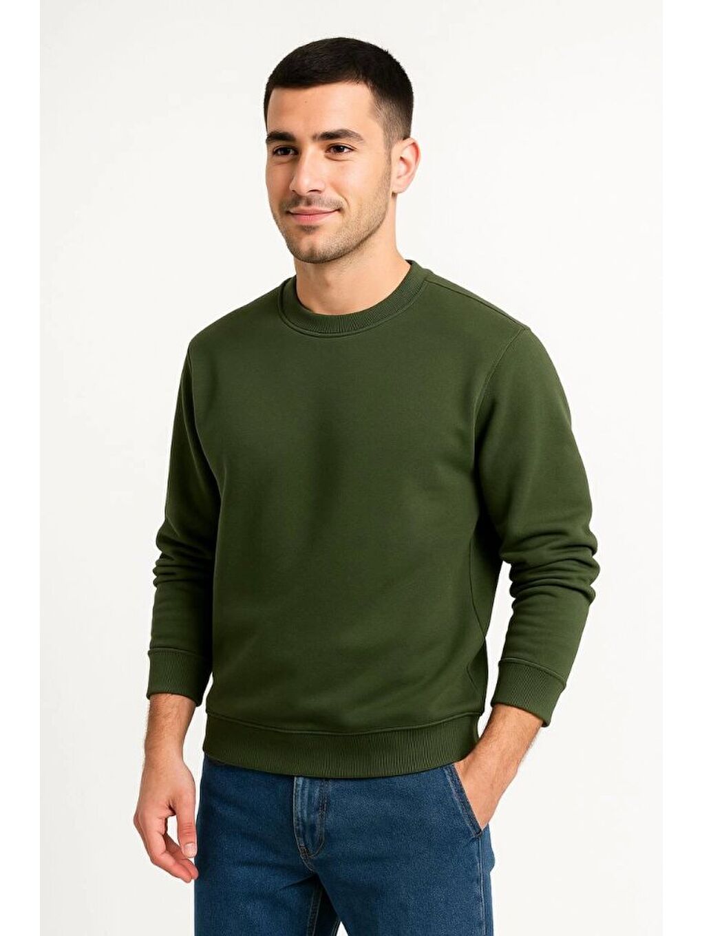 Erkek Üç İplik Düz Bisiklet Yaka Sweatshirt - Haki