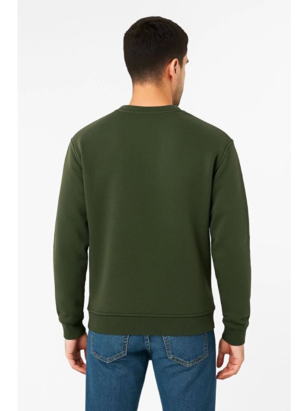 Erkek Üç İplik Düz Bisiklet Yaka Sweatshirt - Haki-1