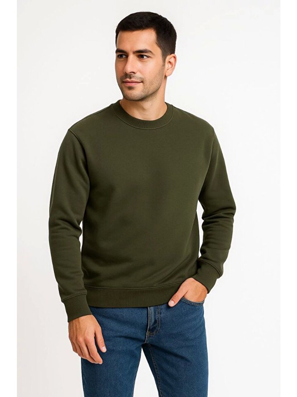 Erkek Üç İplik Düz Bisiklet Yaka Sweatshirt - Haki-2
