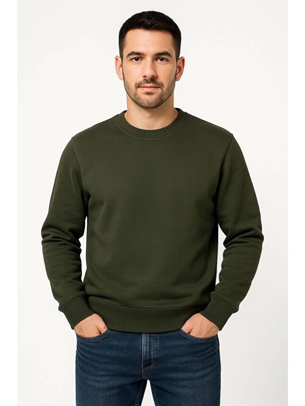 Erkek Üç İplik Düz Bisiklet Yaka Sweatshirt - Haki-3