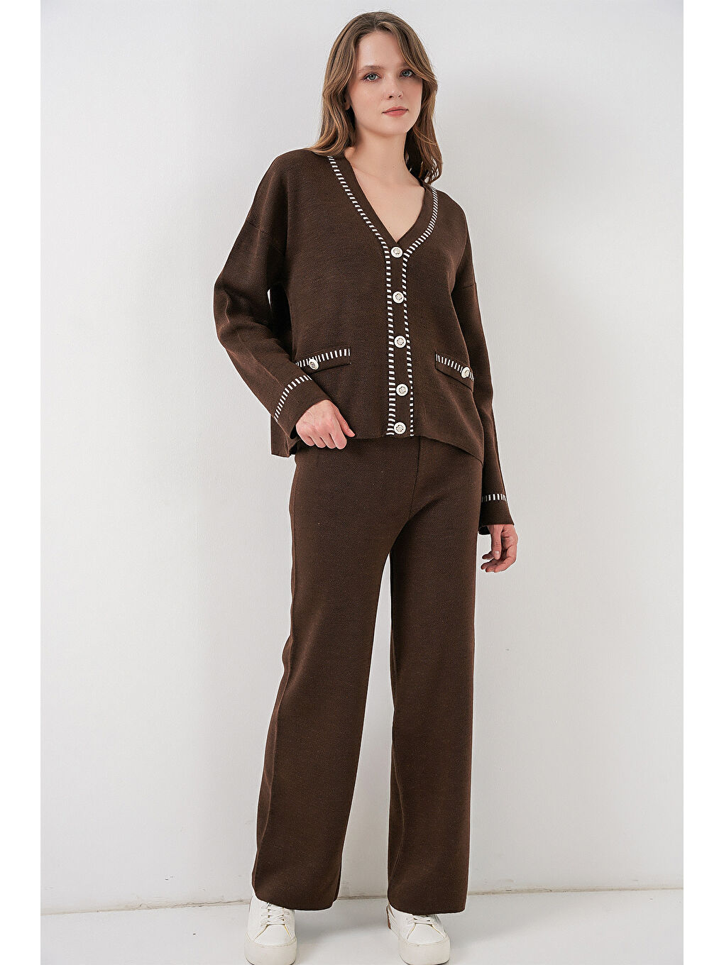 Kadın Nakışlı Triko Hırka Pantolon İkili Takım 15963 - Kahverengi