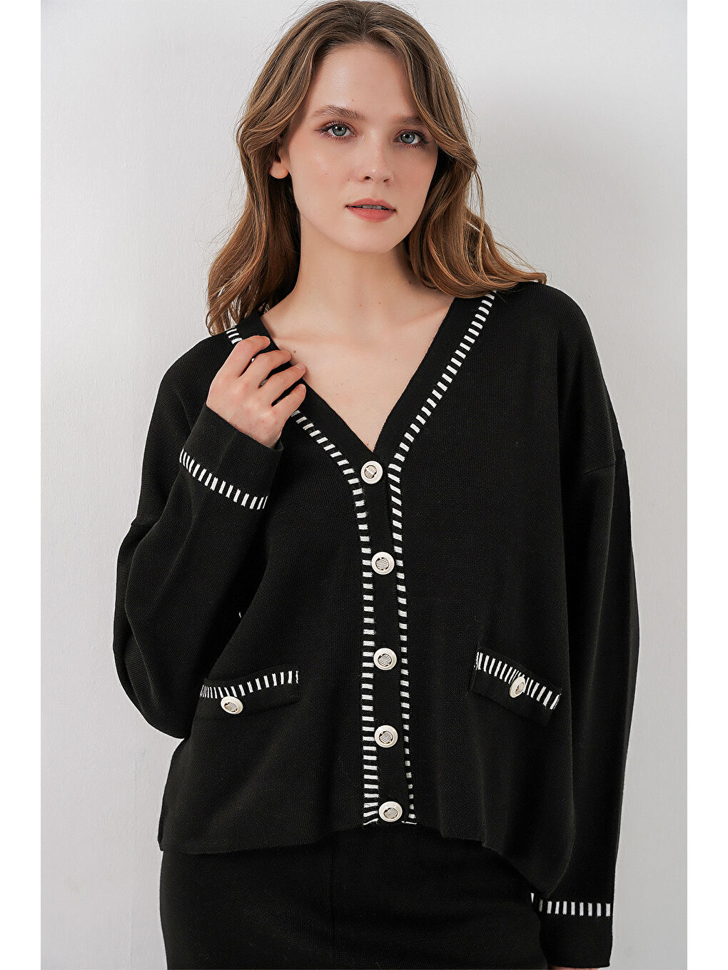 Kadın Nakışlı Triko Hırka Pantolon İkili Takım 15963 - Siyah-2