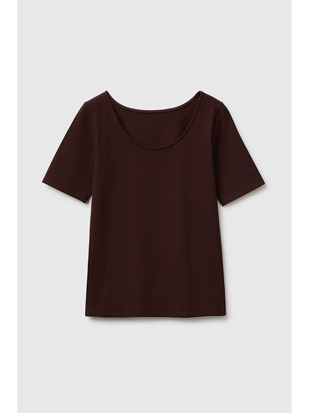 Kadın Kahverengi Pamuk Karışımlı Örme Slim Fit Geniş Yaka T-shirt-1