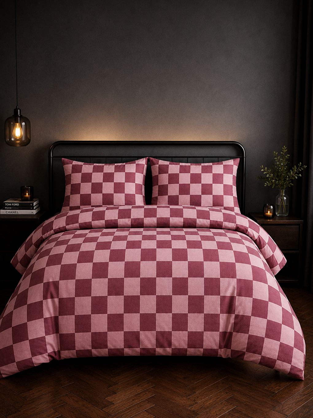 Pembe Ranforce Bordo Dama Desen Çift Kişilik Nevresim Seti