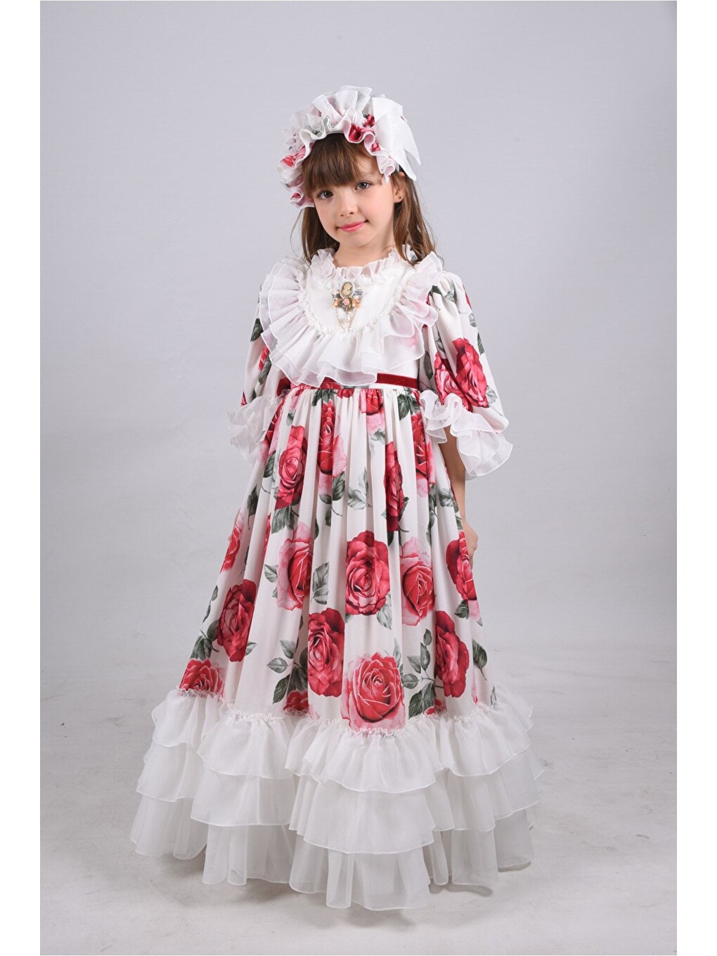 Kırmızı Özel Tasarım Kız Çocuk Uzun Vintage Elbise, Kolye Ve Saç Aksesuarlı Abiye Elbise_m2346-4