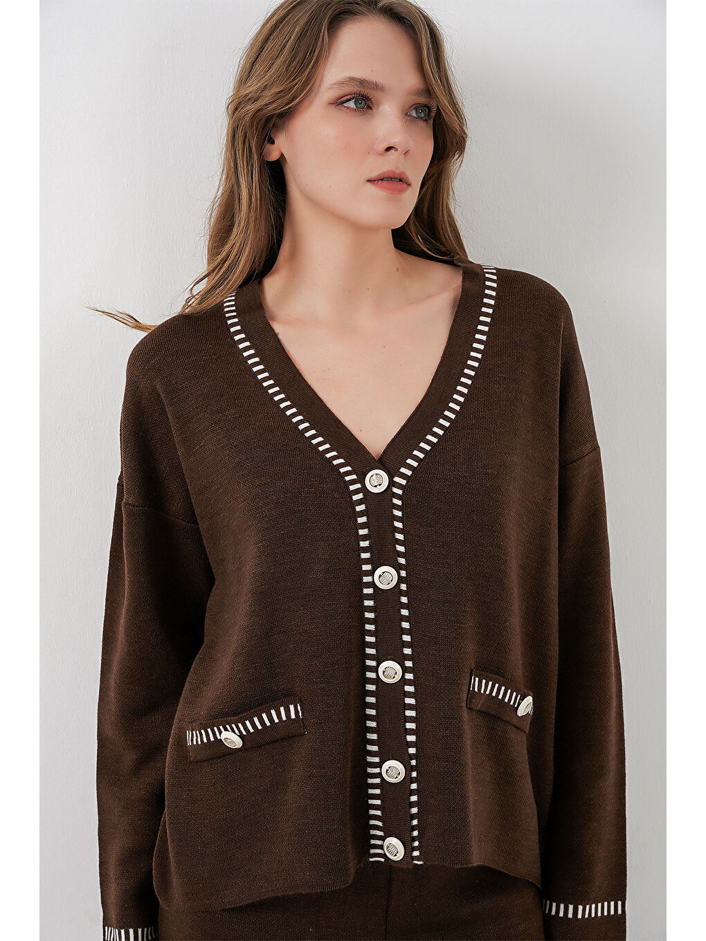 Kadın Nakışlı Triko Hırka Pantolon İkili Takım 15963 - Kahverengi-2