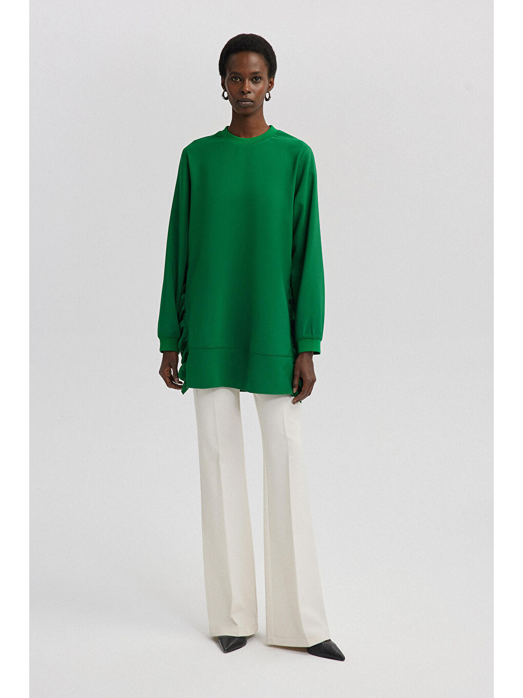 Yeşil Fırfırlı Krep Tunik