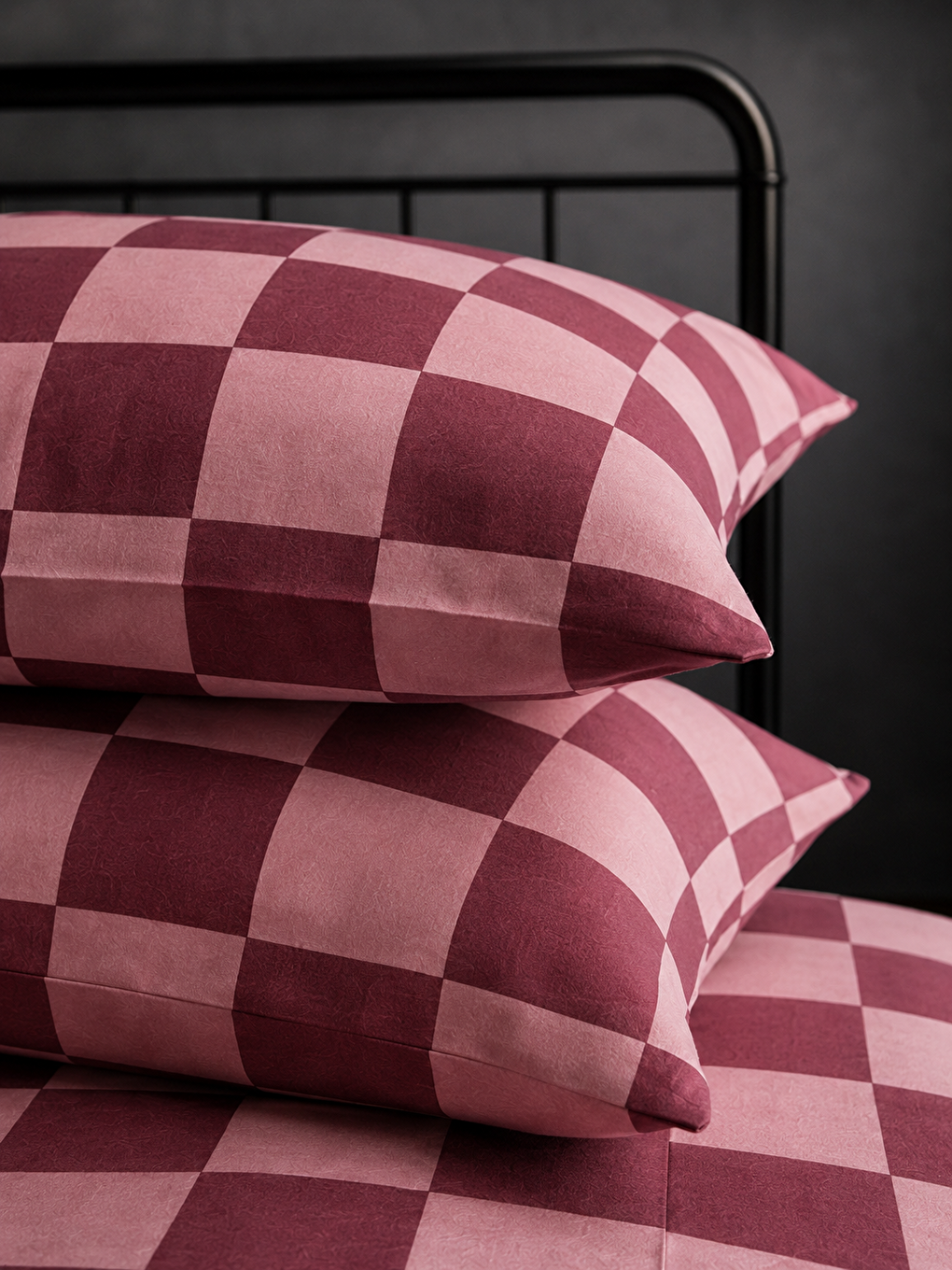 Pembe Ranforce Bordo Dama Desen Çift Kişilik Nevresim Seti-1