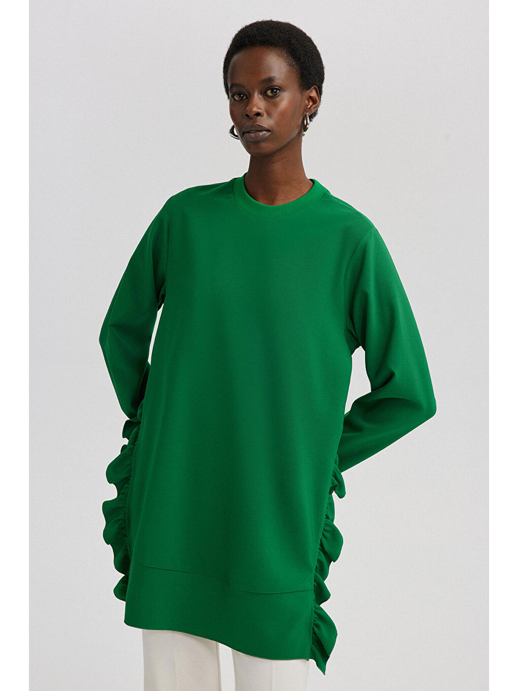 Yeşil Fırfırlı Krep Tunik-1