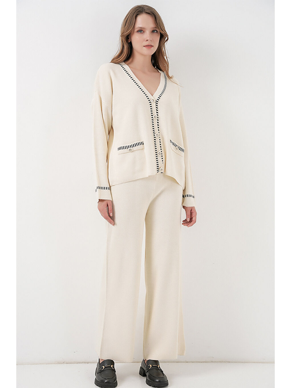 Kadın Nakışlı Triko Hırka Pantolon İkili Takım 15963 - Ekru