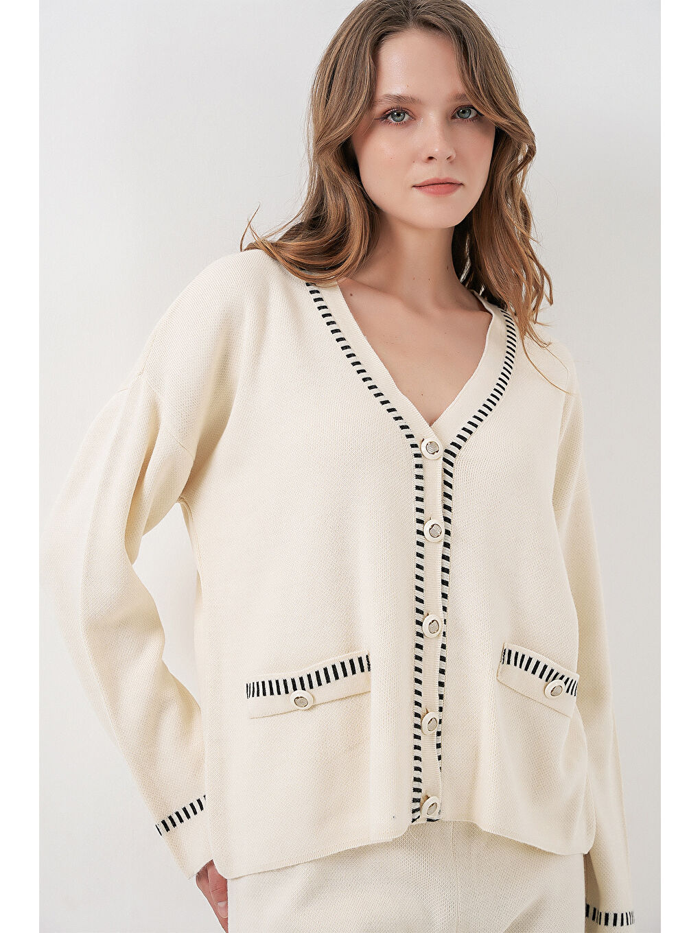 Kadın Nakışlı Triko Hırka Pantolon İkili Takım 15963 - Ekru-2