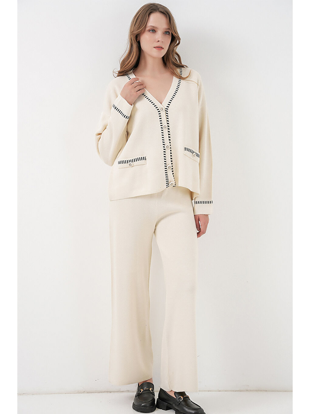 Kadın Nakışlı Triko Hırka Pantolon İkili Takım 15963 - Ekru-3