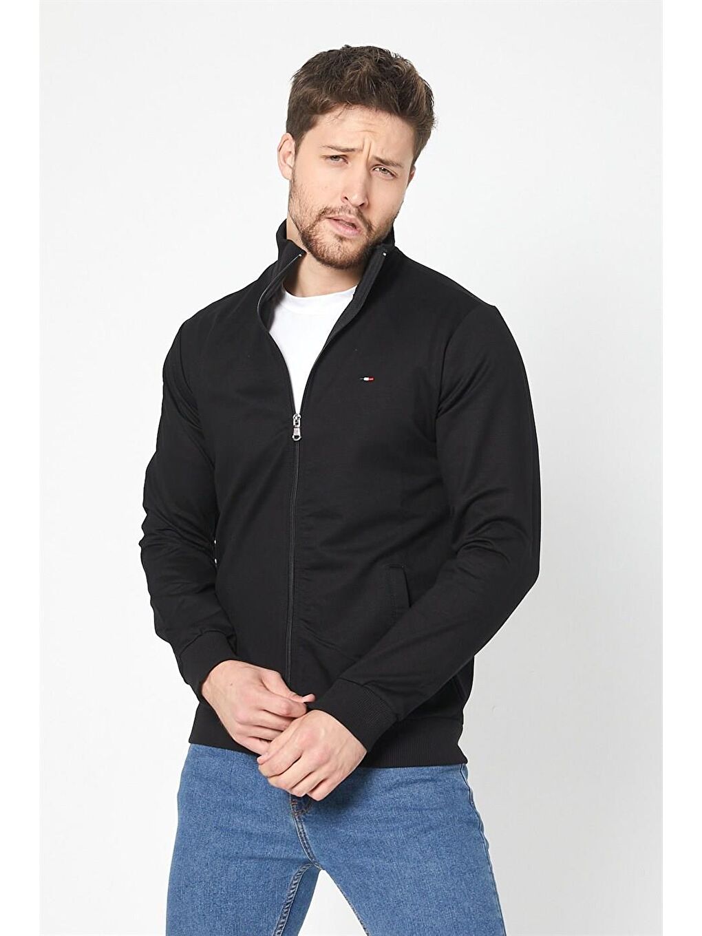 Erkek Siyah Uzun Kollu Önü  Fermuarlı Sweatshirt