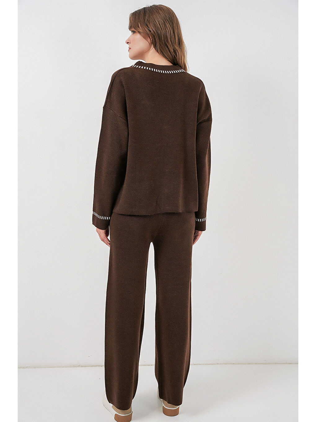 Kadın Nakışlı Triko Hırka Pantolon İkili Takım 15963 - Kahverengi-5