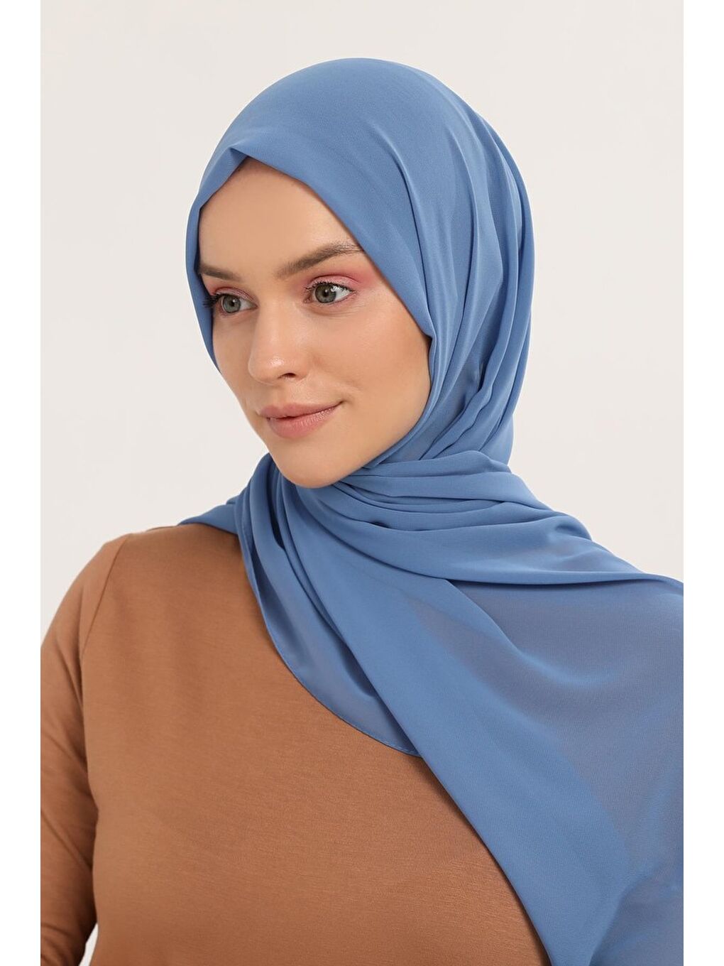Mavi Hazır Pratik Lüks Boru Boneli Şifon Şal-1