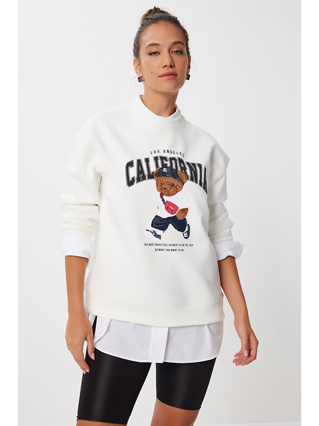 Ayıcık Armalı Baskılı Oversize Örme Sweatshirt Ekru Lmc0074-1