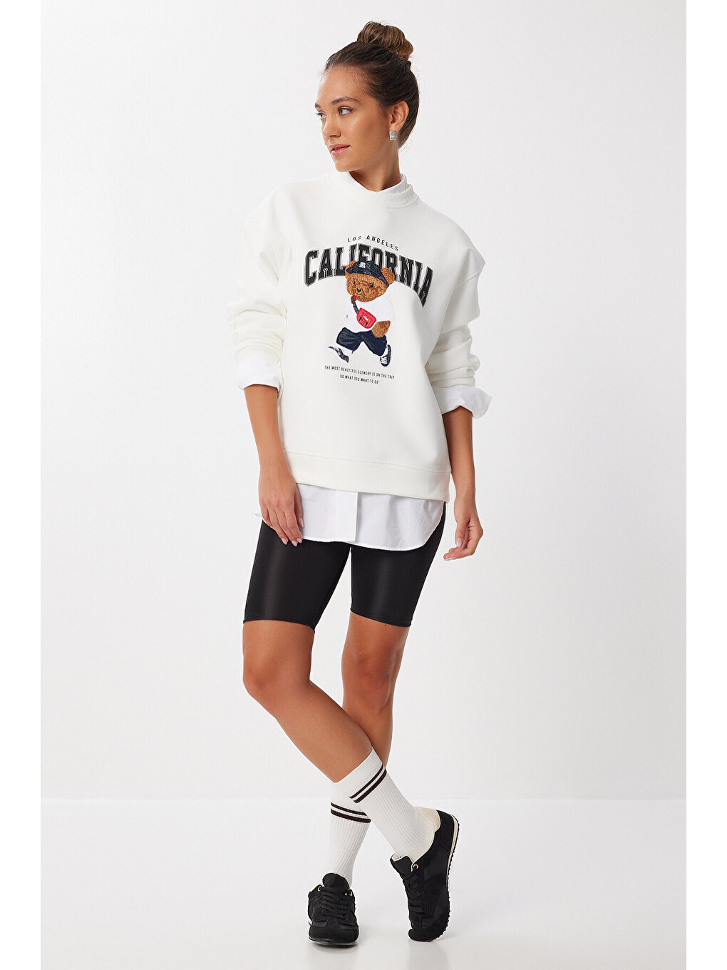 Ayıcık Armalı Baskılı Oversize Örme Sweatshirt Ekru Lmc0074-3