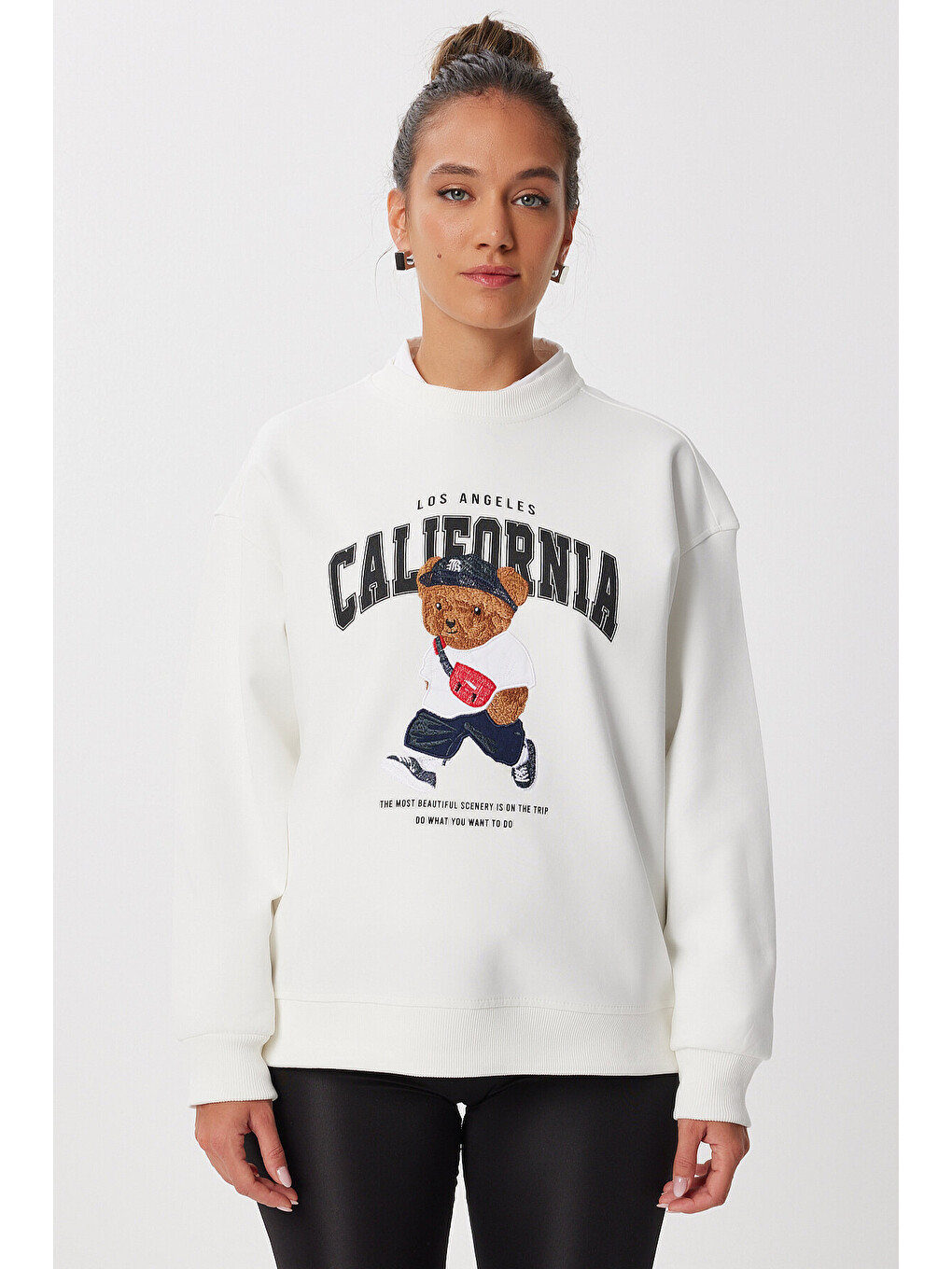 Ayıcık Armalı Baskılı Oversize Örme Sweatshirt Ekru Lmc0074-4