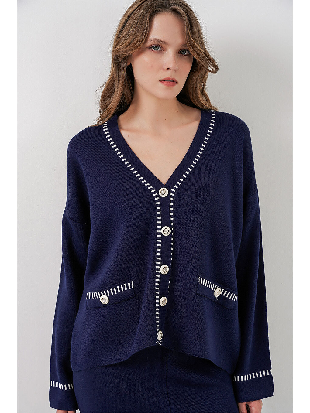 Kadın Nakışlı Triko Hırka Pantolon İkili Takım 15963 - Lacivert-2