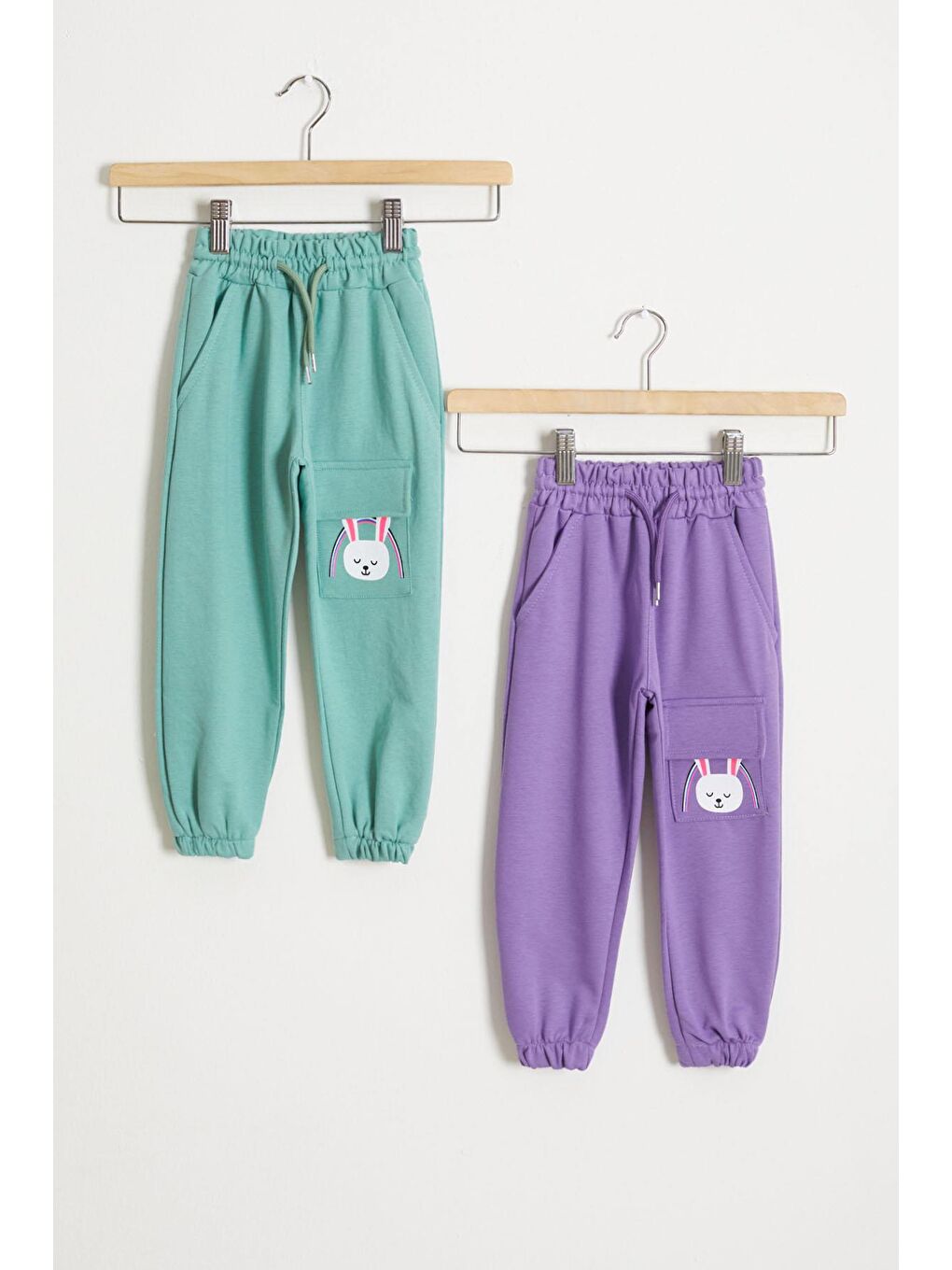 Kız Çocuk Tavşan Baskılı Cepli 2'li Eşofman Altı Lila-Yeşil 18437