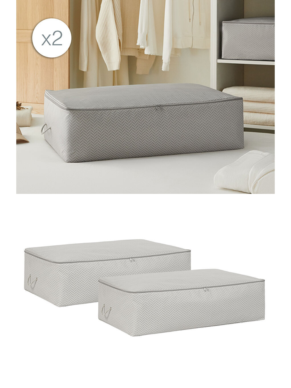 2'li Mega Boy Gri Balıksırtı Baza Altı Hurç Set 74 x 46 x 22 cm