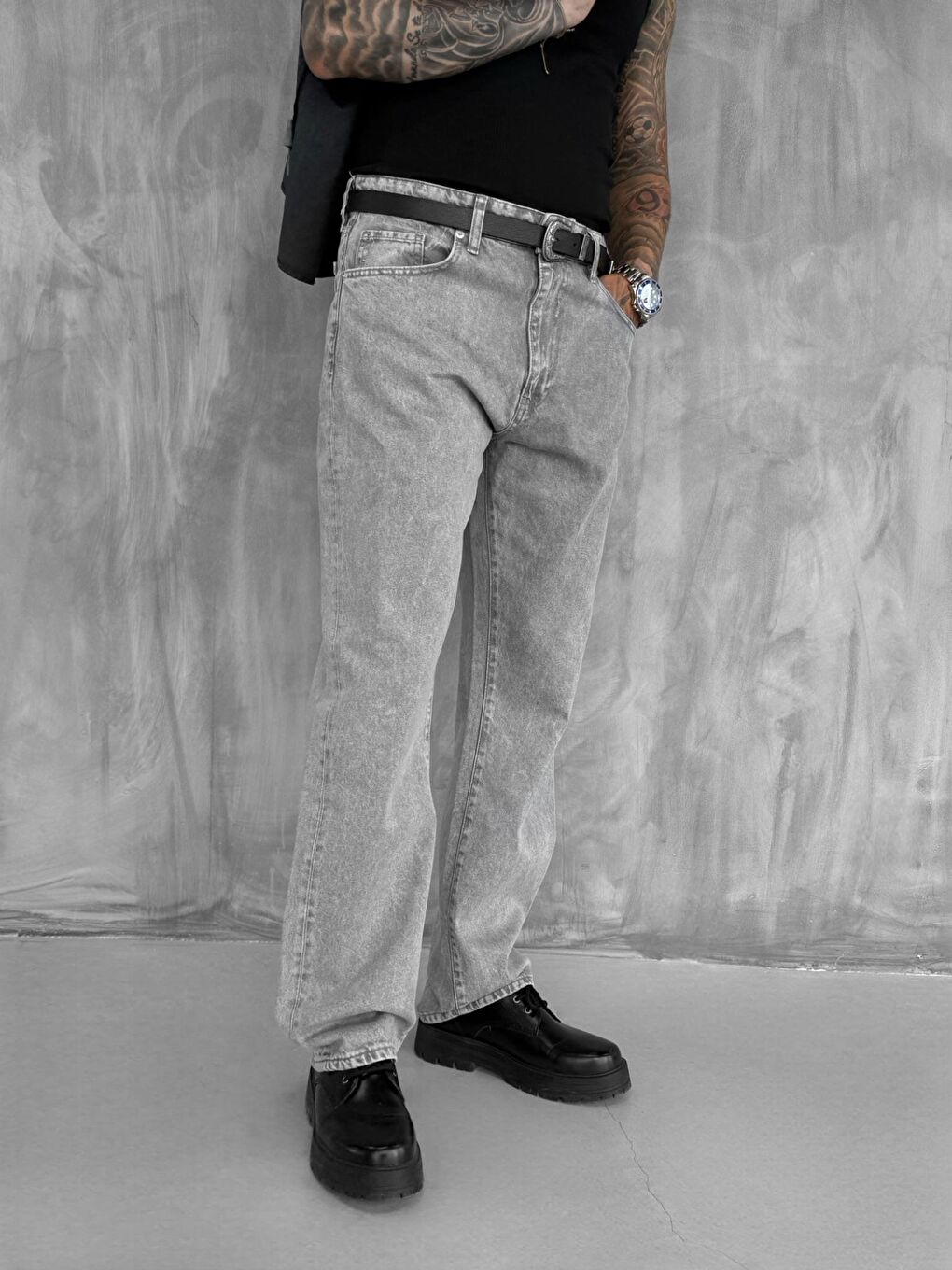 Erkek Baggy Fit Jean Açık Gri-1