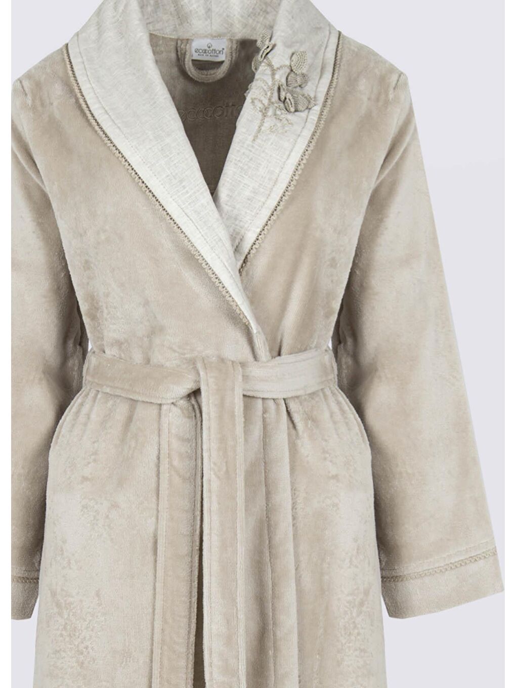Masal Kadın Bornoz %100 Organik Pamuk El Nakışlı Bej-7