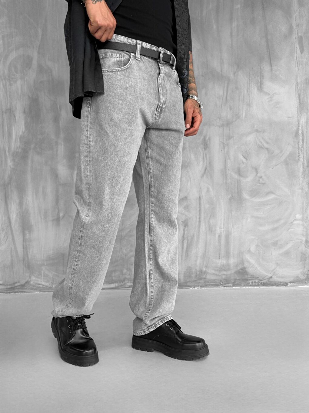 Erkek Baggy Fit Jean Açık Gri-2