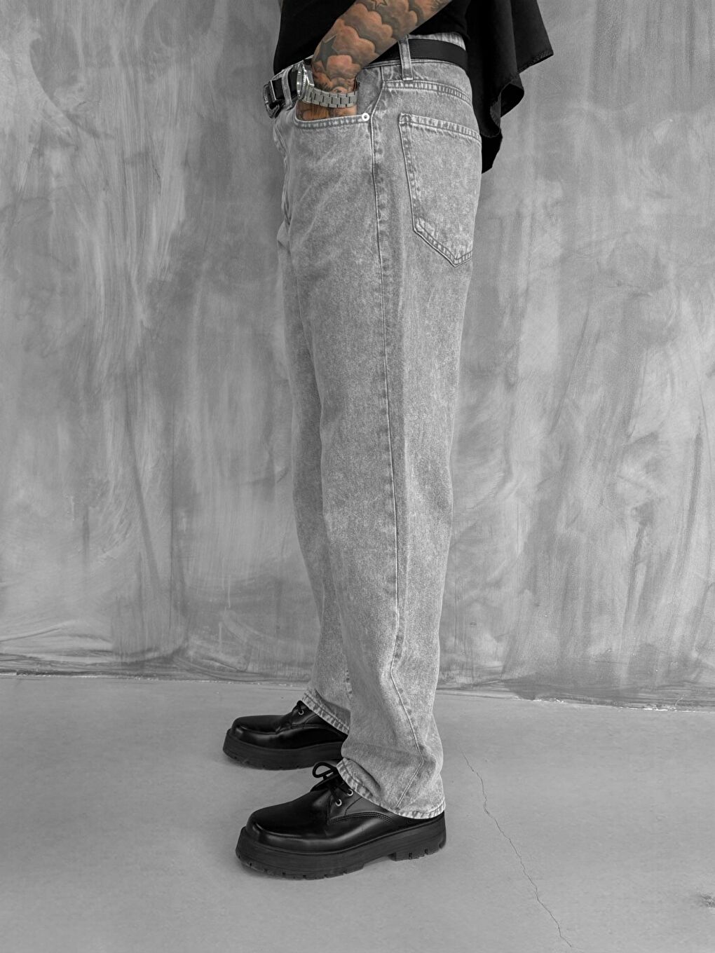 Erkek Baggy Fit Jean Açık Gri-3