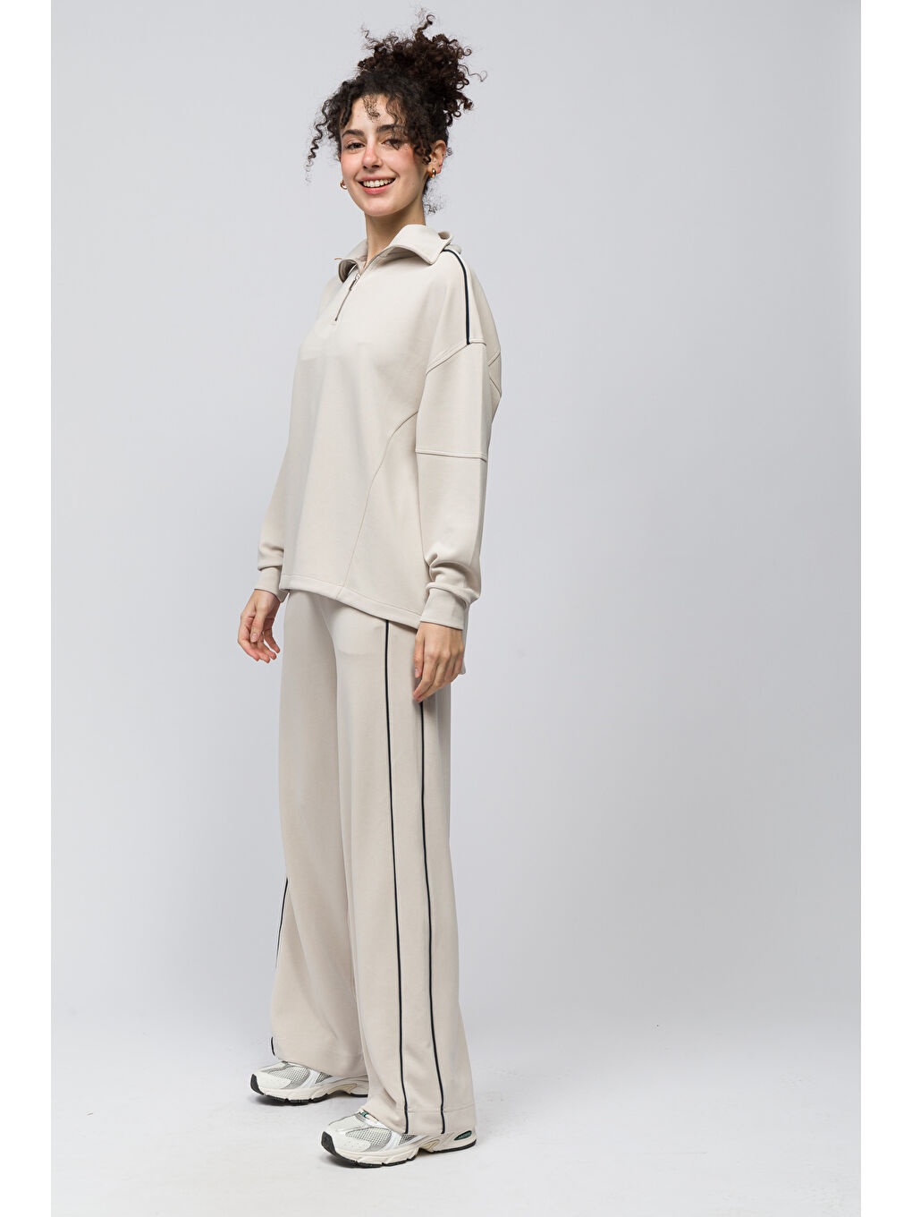 Bej Granada   Çift Biyeli Bol Kesim Beli Lastikli Modal Pantolon   Taş Renk