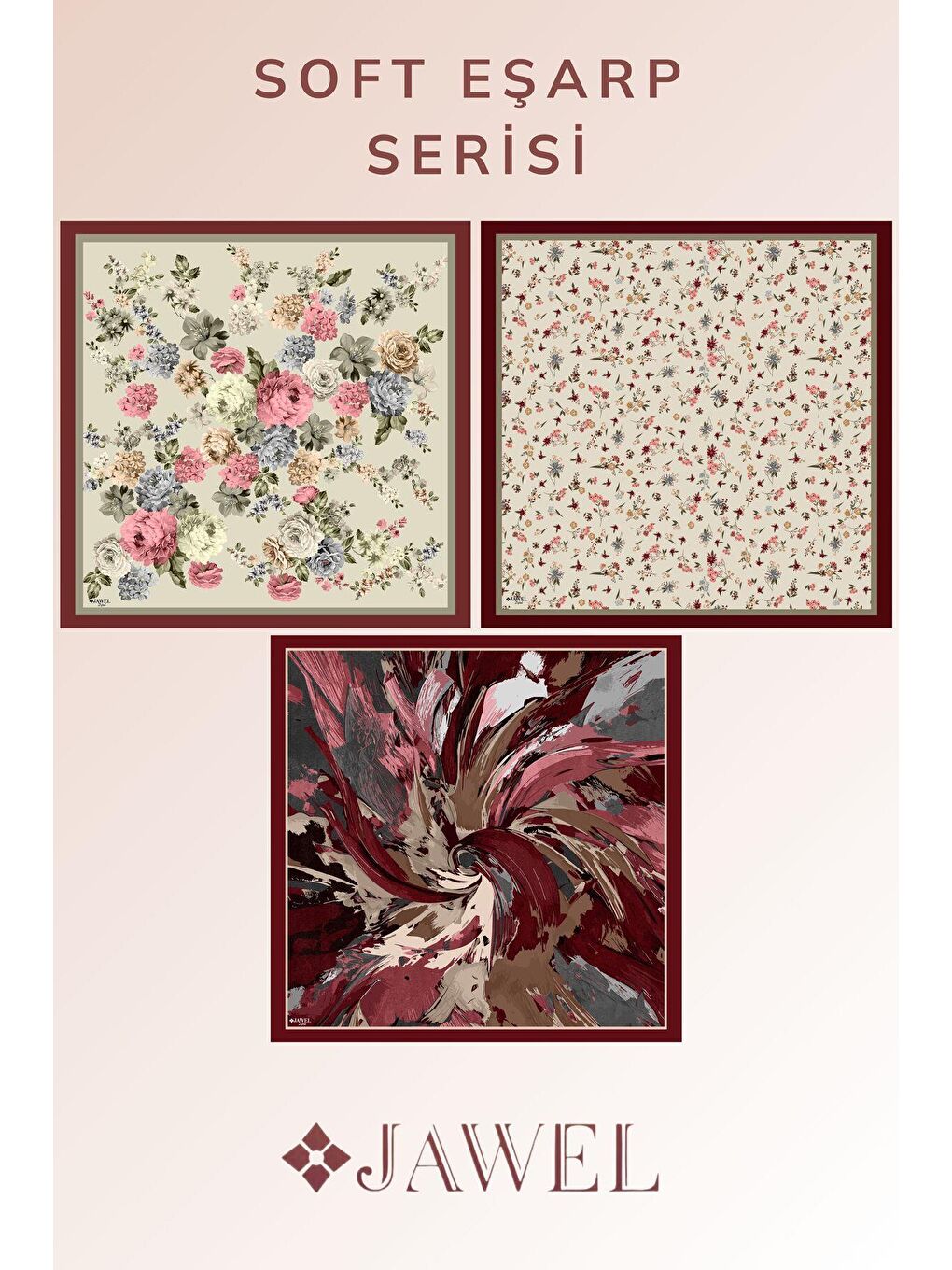 Karışık Kadın Soft Eşarp Paketi (Bordo Ekru-Haki Bordo-Gül Bordo)-1