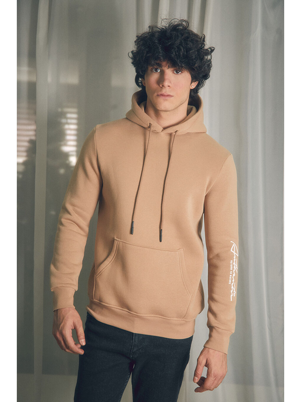 Fullamoda Camel-Bej Kanguru Cepli Kapüşonlu Sweatshirt