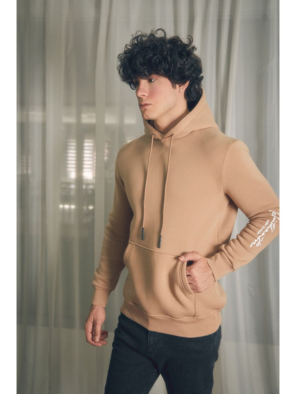 Fullamoda Camel-Bej Kanguru Cepli Kapüşonlu Sweatshirt - 1