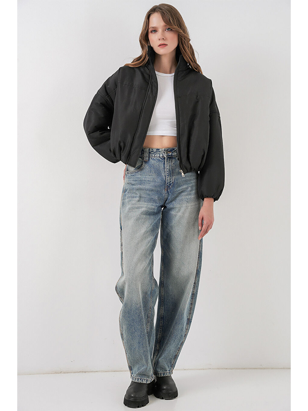 Kadın Siyah Oversize Bomber Şişme Mont 5124-1