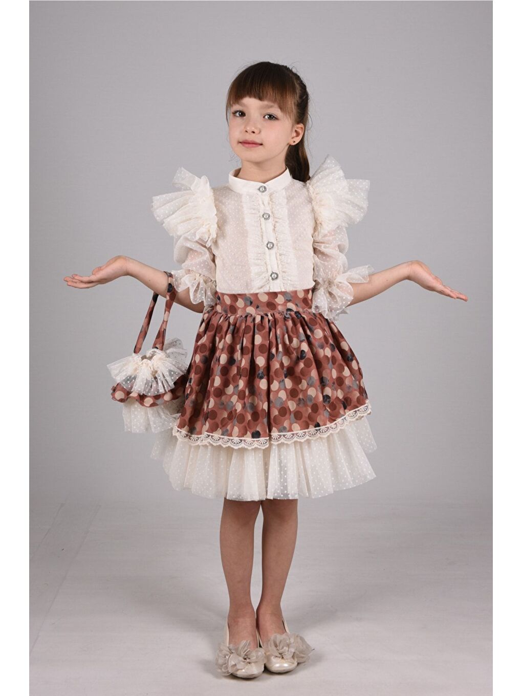 Kahverengi Puantiye Etek ve Gömlekli İkili Takım, Kız Çocuk Mezuniyet Elbisesi, Kız Çocuk Vintage Takım_M2332