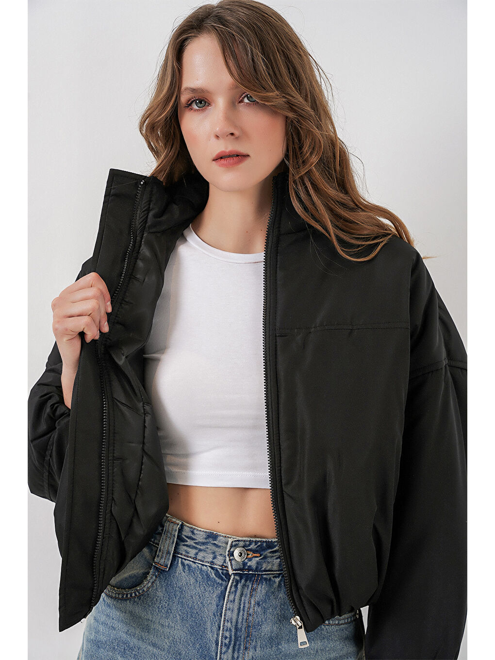 Kadın Siyah Oversize Bomber Şişme Mont 5124-3
