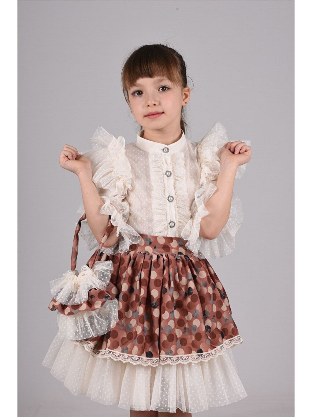 Kahverengi Puantiye Etek ve Gömlekli İkili Takım, Kız Çocuk Mezuniyet Elbisesi, Kız Çocuk Vintage Takım_M2332-1