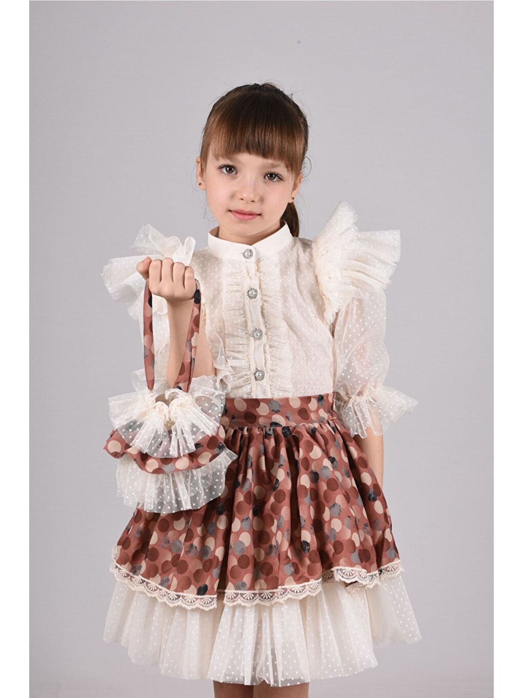 Kahverengi Puantiye Etek ve Gömlekli İkili Takım, Kız Çocuk Mezuniyet Elbisesi, Kız Çocuk Vintage Takım_M2332-3