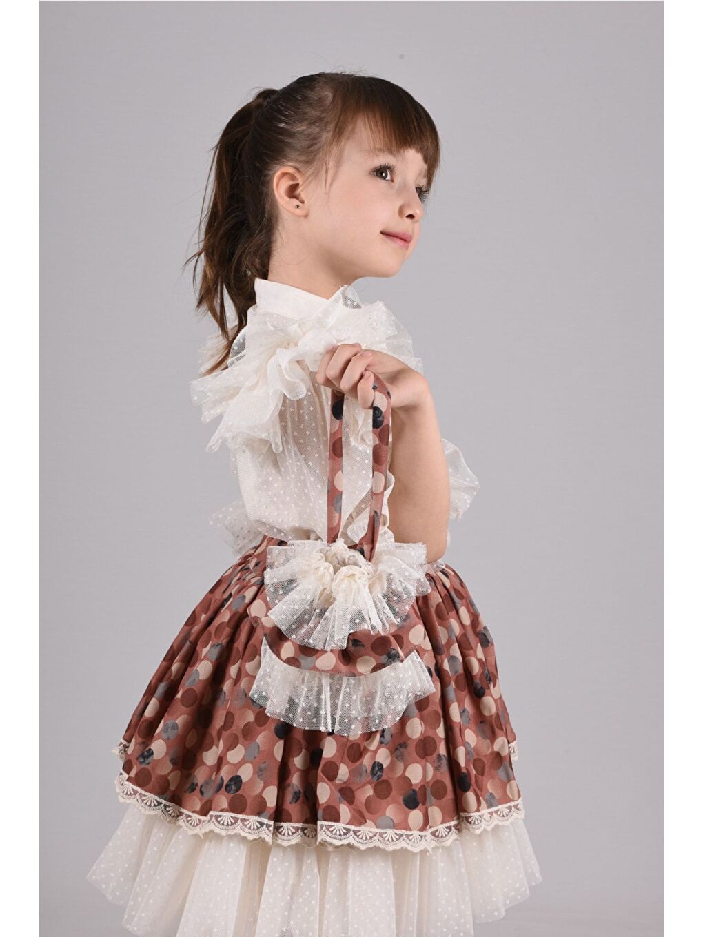 Kahverengi Puantiye Etek ve Gömlekli İkili Takım, Kız Çocuk Mezuniyet Elbisesi, Kız Çocuk Vintage Takım_M2332-4
