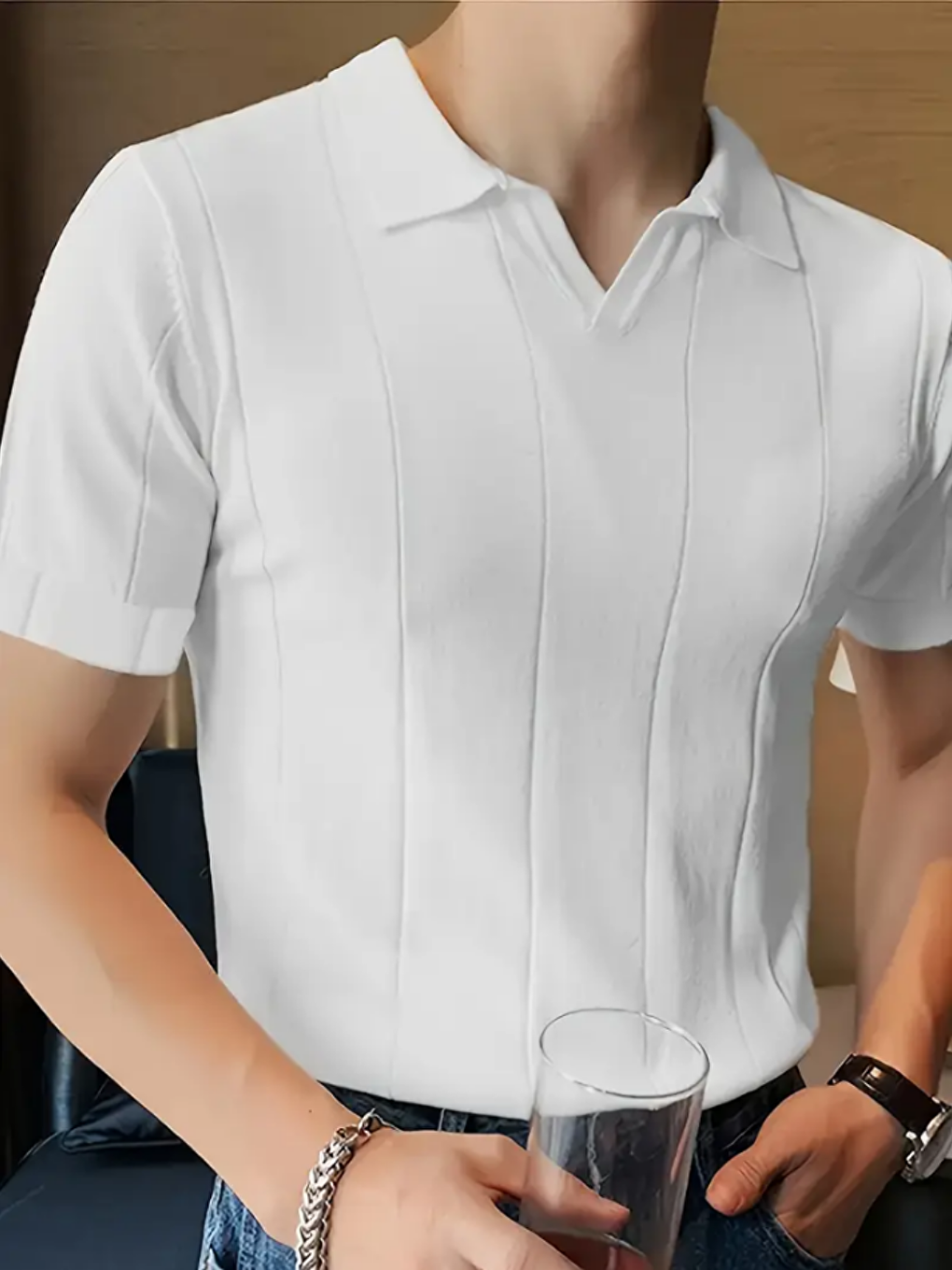 Erkek Beyaz Çizgili Kısa Kollu Triko Tişört-1