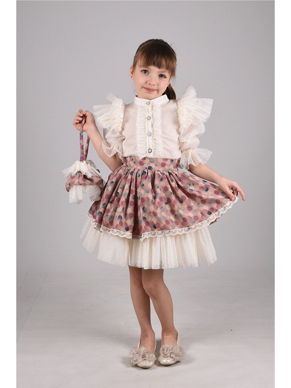 Pembe Puantiye Etek ve Gömlekli İkili Takım, Kız Çocuk Mezuniyet Elbisesi, Kız Çocuk Vintage Takım_M2332-1