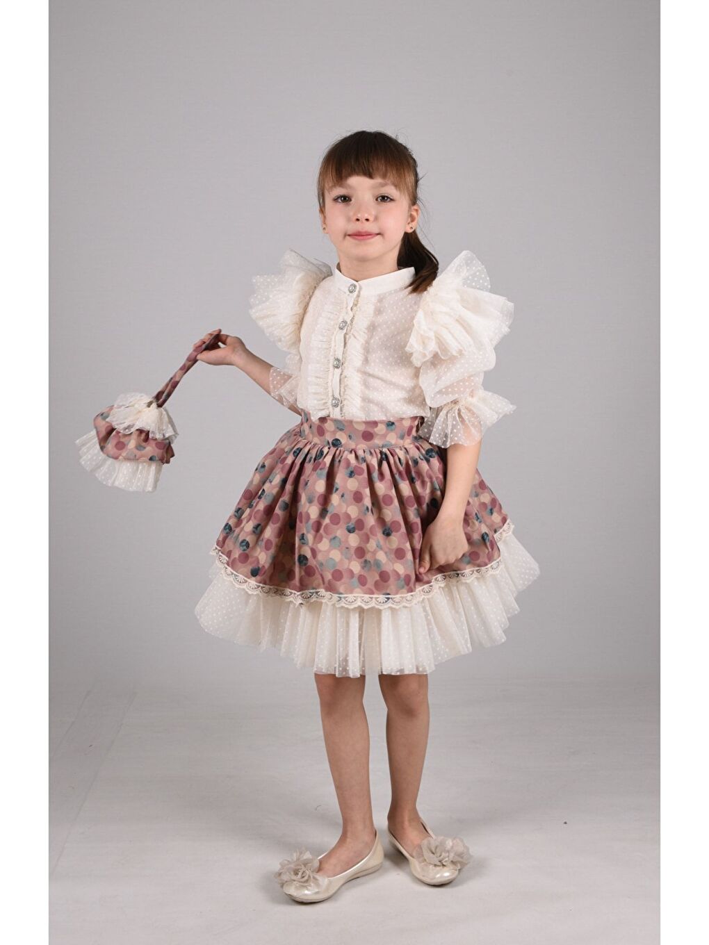 Pembe Puantiye Etek ve Gömlekli İkili Takım, Kız Çocuk Mezuniyet Elbisesi, Kız Çocuk Vintage Takım_M2332-2