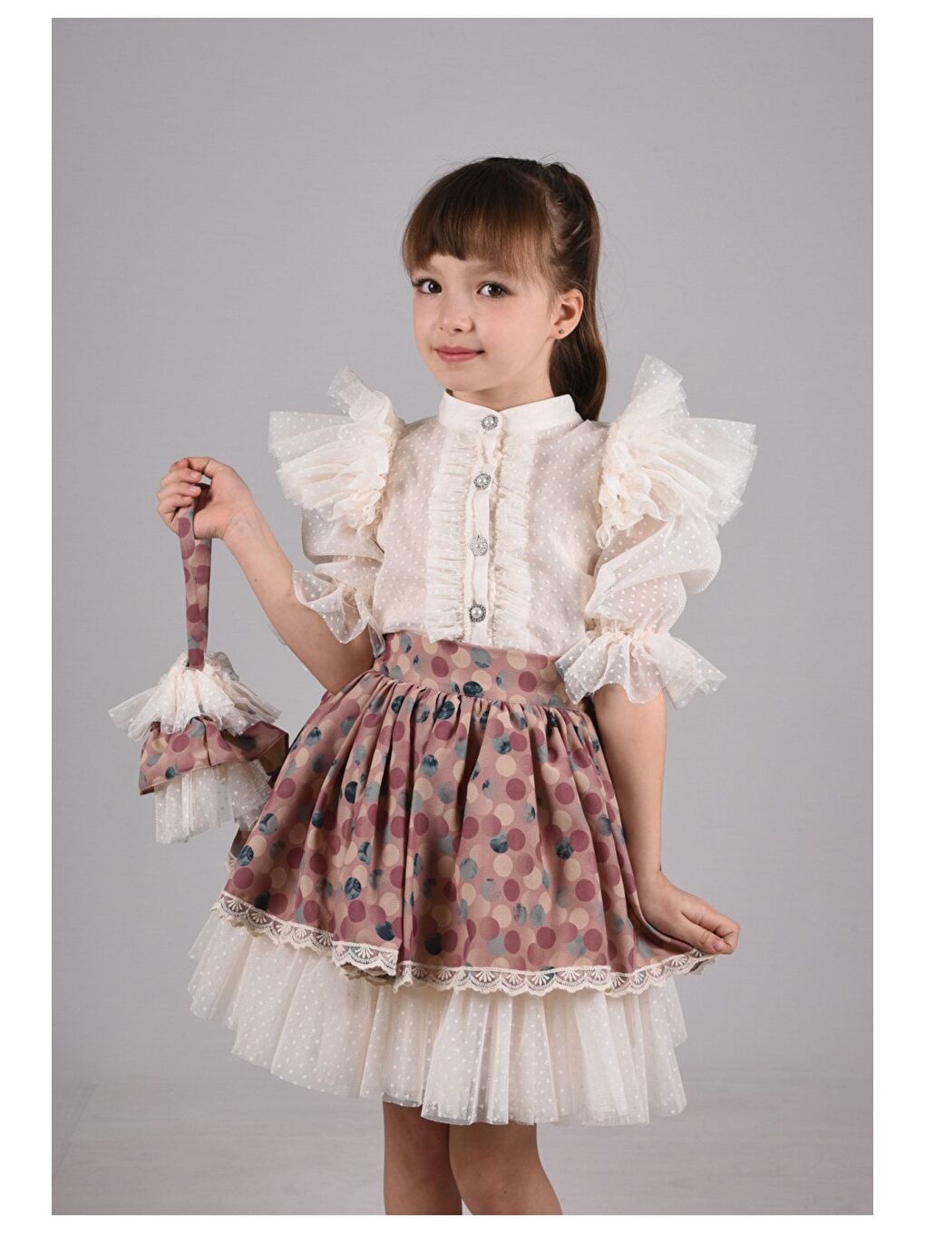 Pembe Puantiye Etek ve Gömlekli İkili Takım, Kız Çocuk Mezuniyet Elbisesi, Kız Çocuk Vintage Takım_M2332-3