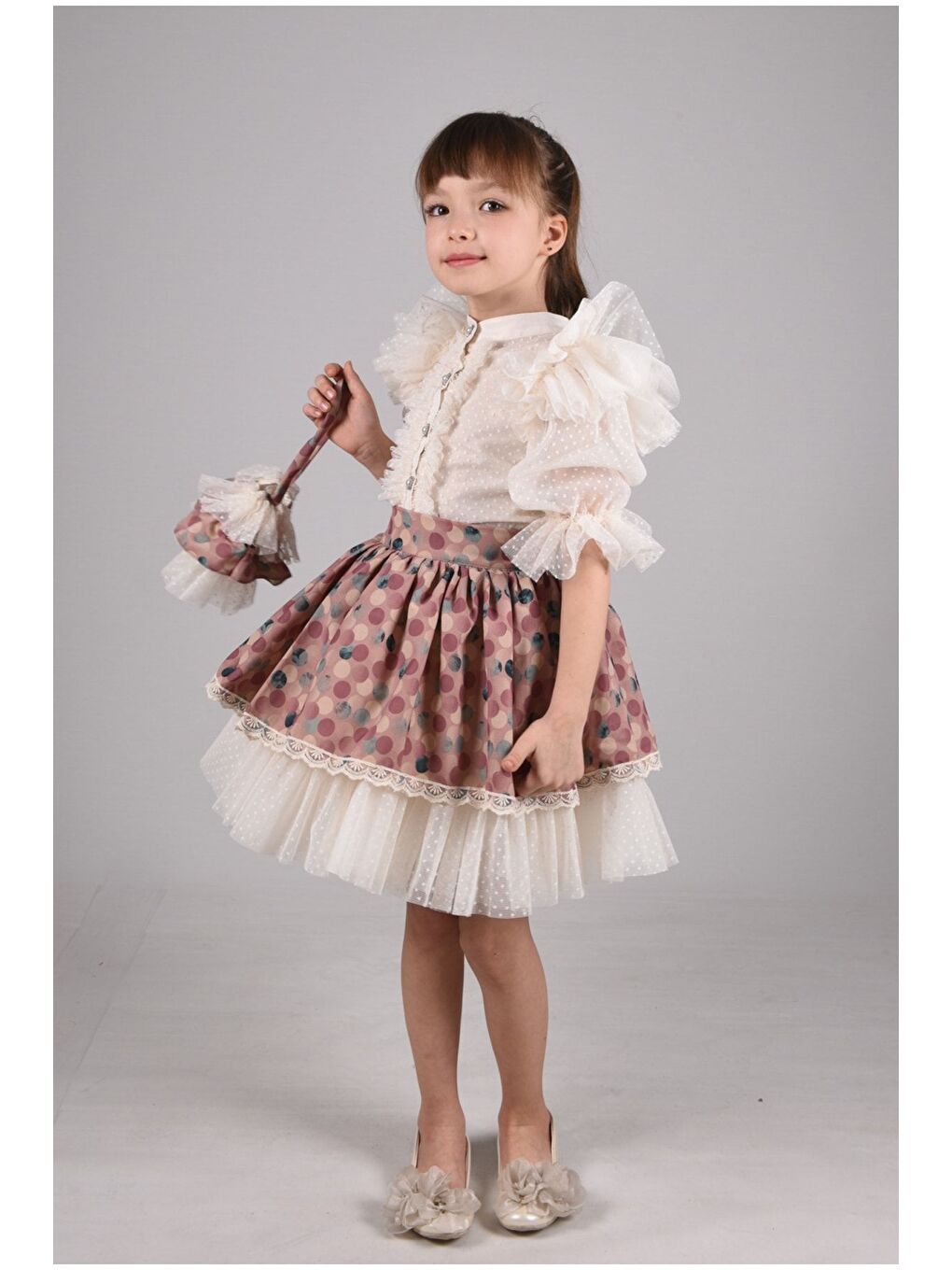 Pembe Puantiye Etek ve Gömlekli İkili Takım, Kız Çocuk Mezuniyet Elbisesi, Kız Çocuk Vintage Takım_M2332-4