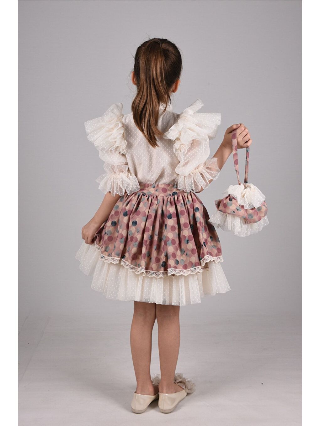 Pembe Puantiye Etek ve Gömlekli İkili Takım, Kız Çocuk Mezuniyet Elbisesi, Kız Çocuk Vintage Takım_M2332-5